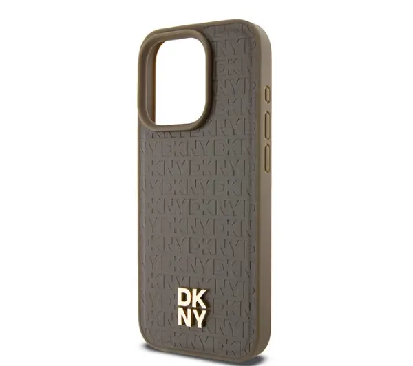 DKNY Leather Monogram Pattern Metal Logo MagSafe do iPhone 15 Pro Brązowy