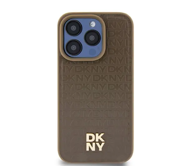 DKNY Leather Monogram Pattern Metal Logo MagSafe do iPhone 15 Pro Brązowy