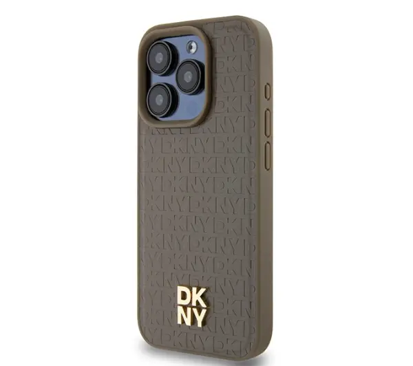 DKNY Leather Monogram Pattern Metal Logo MagSafe do iPhone 15 Pro Brązowy