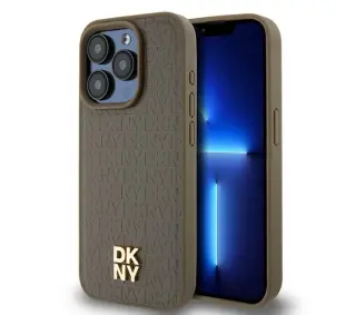 DKNY Leather Monogram Pattern Metal Logo MagSafe do iPhone 15 Pro Brązowy