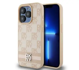 DKNY Leather Checkered Mono Pattern & Printed Stripes do iPhone 15 Pro Max Różowy