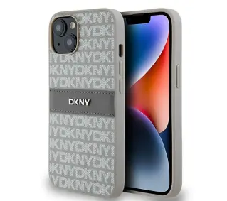 DKNY Hardcase Leather Mono Stripe & Metal Logo do iPhone 14 Beżowy