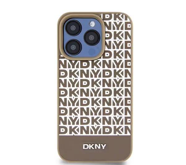 DKNY Leather Printed Pattern Metal Logo MagSafe do iPhone 15 Pro Brązowy