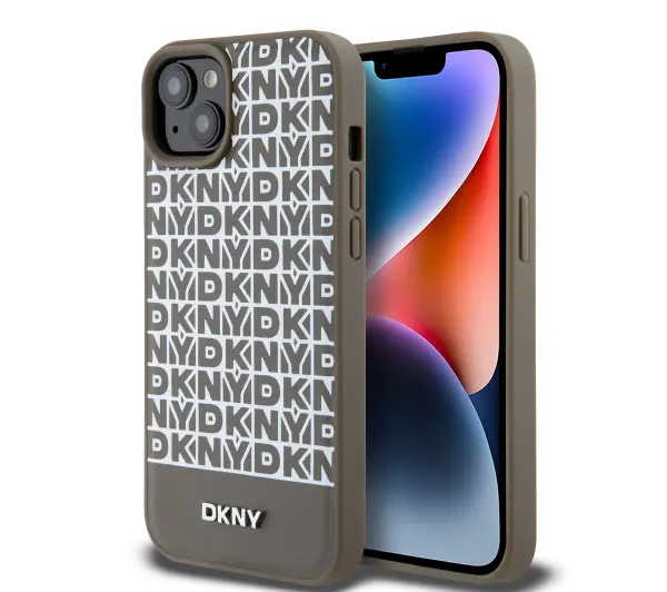 DKNY Leather Printed Pattern Metal Logo MagSafe do iPhone 15 Brązowy