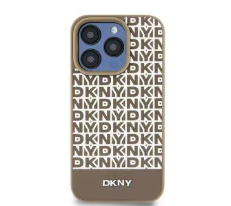 Etui DKNY Leather Printed Pattern Metal Logo MagSafe do iPhone 15 Brązowy