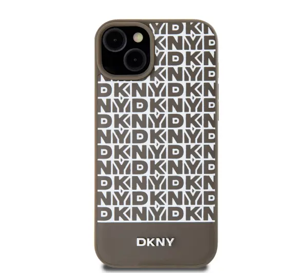 DKNY Leather Printed Pattern Metal Logo MagSafe do iPhone 15 Brązowy