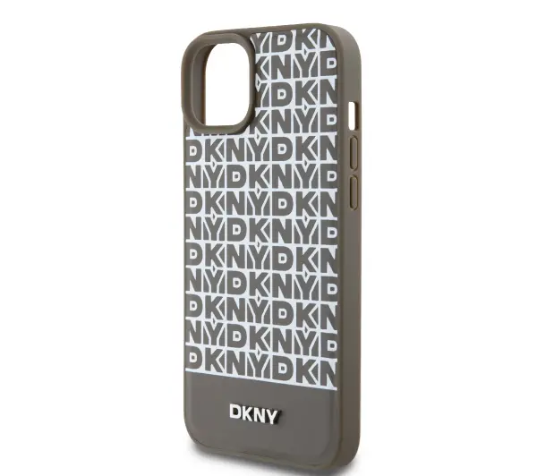 DKNY Leather Printed Pattern Metal Logo MagSafe do iPhone 15 Brązowy