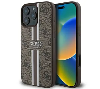 Etui Guess 4G Printed Stripes MagSafe do iPhone 16 Pro Max Brązowy