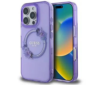 Guess IML Flowers Wreath MagSafe do iPhone 16 Pro Fioletowy