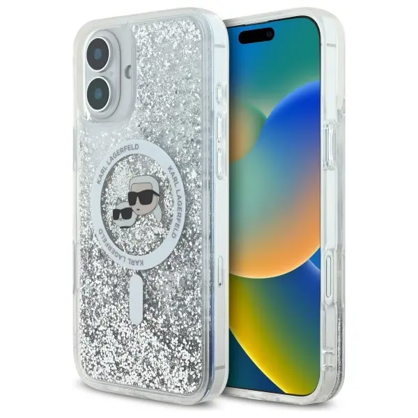 Etui Karl Lagerfeld Liquid Glitter Karl&Choupette Head MagSafe do iPhone 16 Plus Przezroczysty