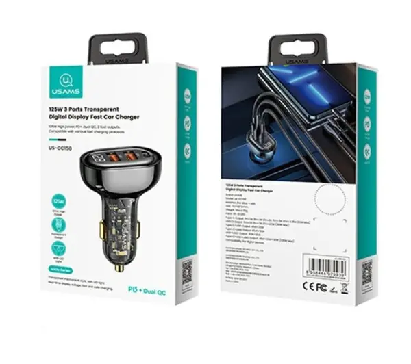 USAMS 2xUSB+1xUSB-C 125W Fast Charge Czarny