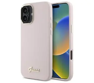 Guess Silicone Script Metal Logo & Frame do iPhone 16 Plus Różowy