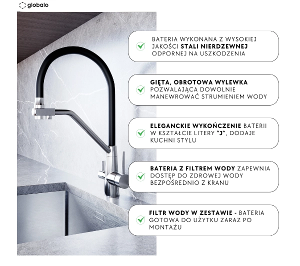 Globalo Olintio Black/Inox 1.1 Czarno-stalowy Stal szlachetna - TRZECI -55%, ALBO 5-TY ZA 1ZŁ - Kup na Raty - RRSO 0%