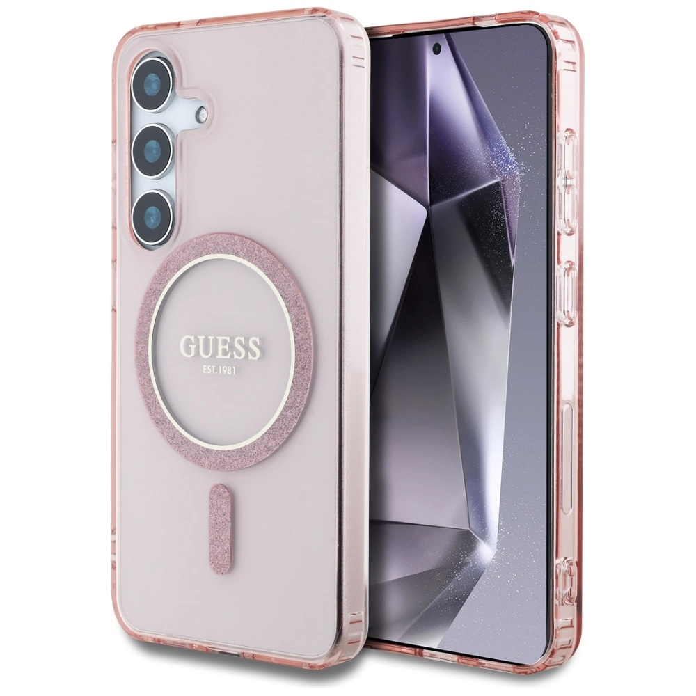 Etui Guess Glitter Circle Classic Logo MagSafe do Galaxy S25 Różowy