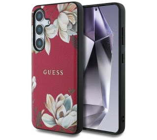 Guess Grained Printed Flower Pattern MagSafe do Galaxy S25 Fuksja