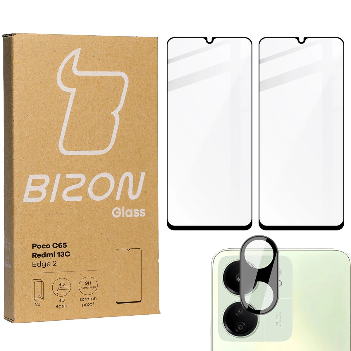 Zestaw ochronny Bizon 2x szkło + szybka na aparat Edge 2 Pack do Redmi 13C/Poco C65