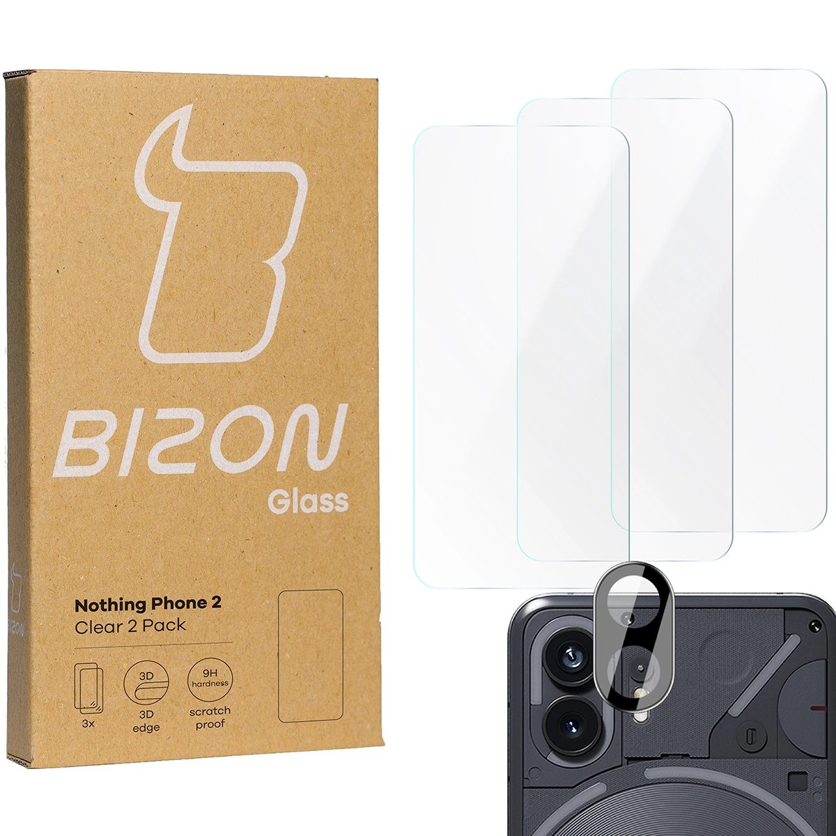 Zestaw ochronny Bizon 3x szkło + szybka na aparat Clear 2 Pack do Nothing Phone 2
