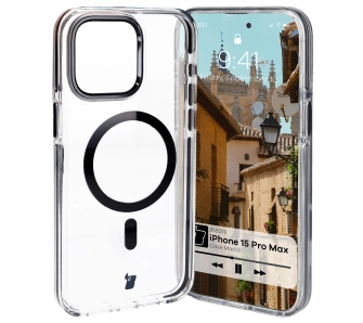 Etui Bizon Marco z MagSafe do iPhone 15 Pro Max Przezroczyste z czarną ramką