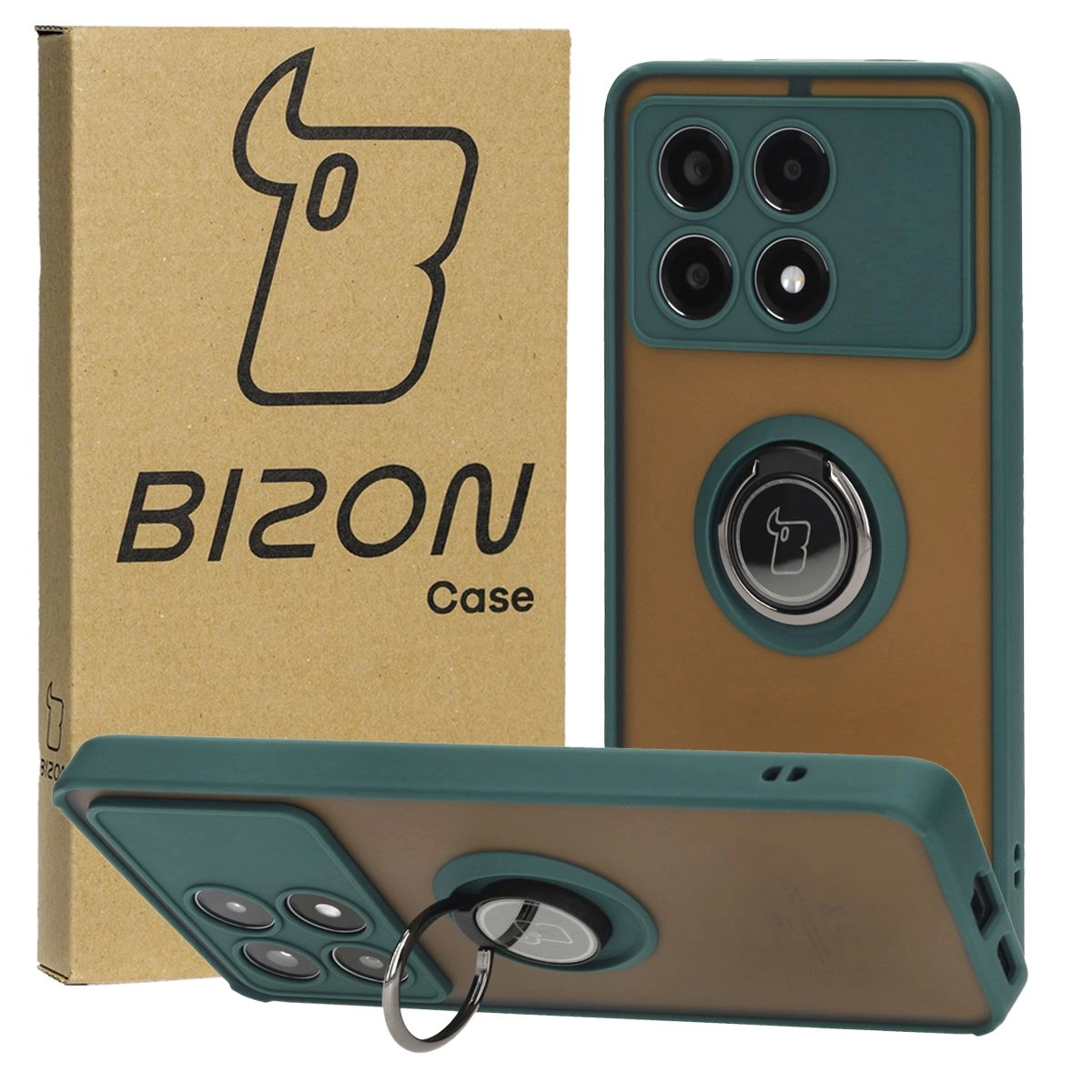 Etui Bizon z uchwytem na palec Hybrid Ring do Xiaomi Poco X6 Pro Przydymione z ciemnozieloną ramką