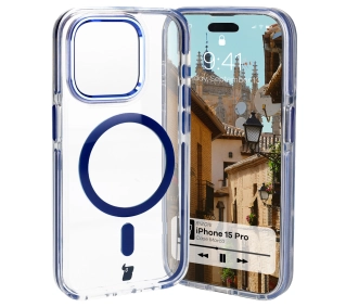 Bizon Marco z MagSafe do iPhone 15 Pro Przezroczyste z niebieską ramką