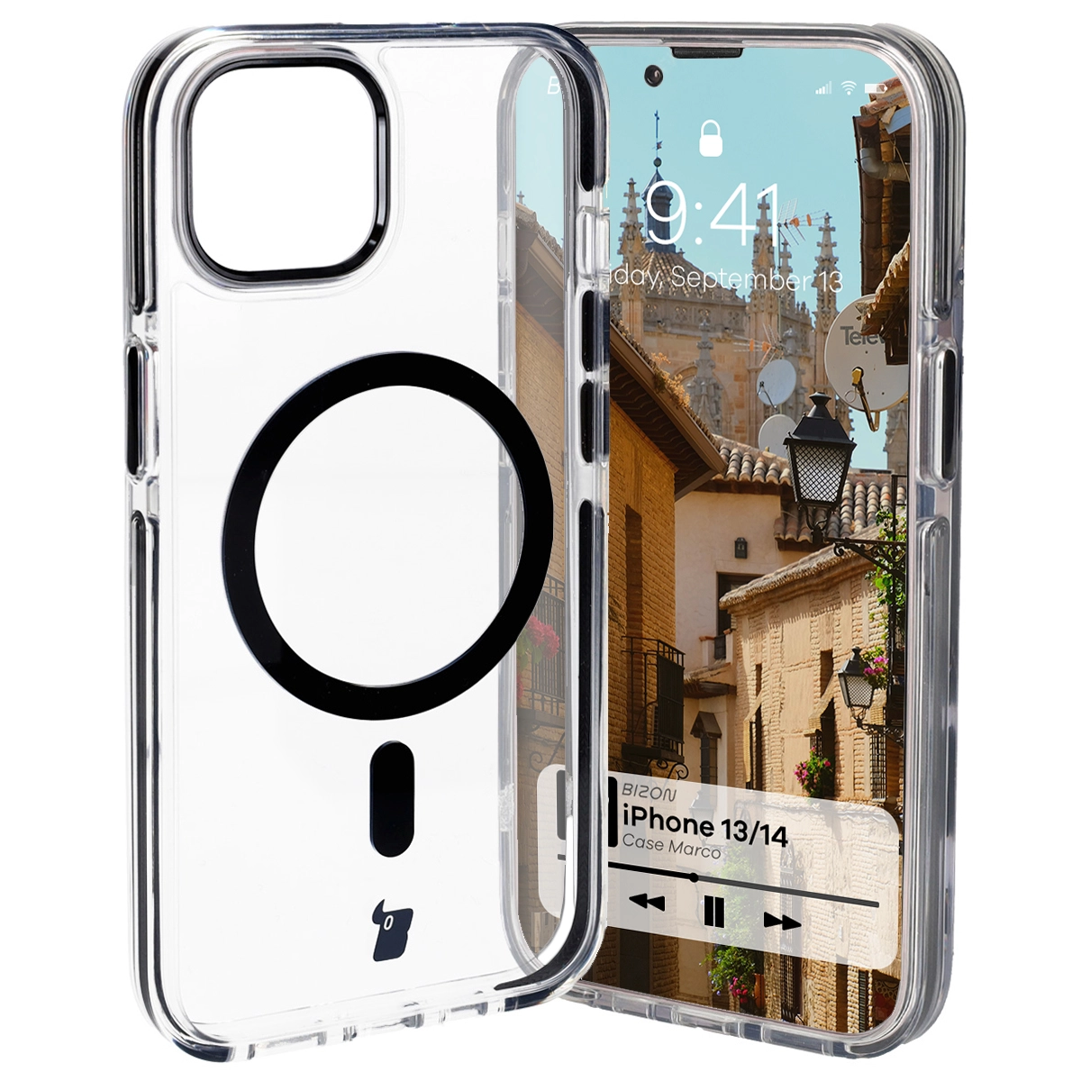 Etui Bizon Marco z MagSafe do iPhone 14/13 Przezroczyste z czarną ramką