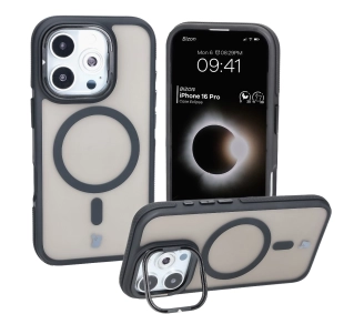 Bizon Eclipse z MagSafe i podstawką do iPhone 16 Pro  Przydymione z czarną ramką