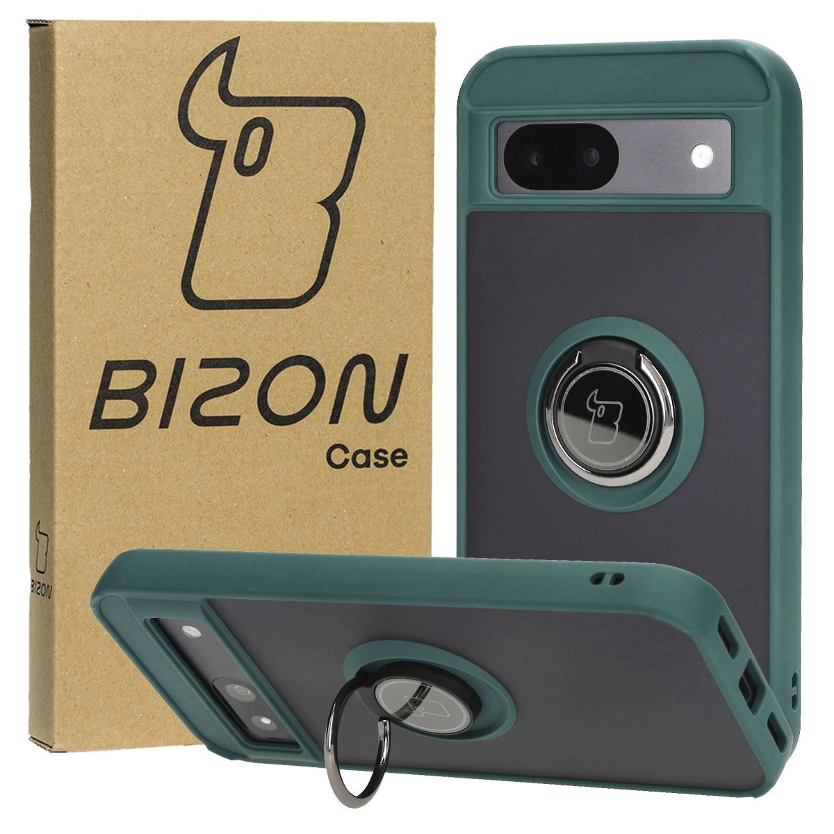 Etui Bizon z uchwytem na palec Hybrid Ring do Google Pixel 8a Przydymione z ciemnozieloną ramką