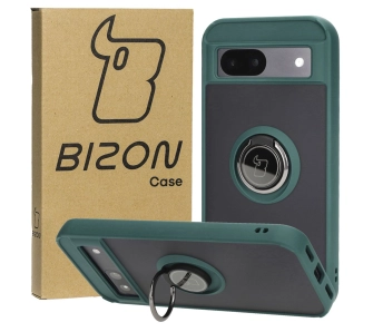 Etui Bizon z uchwytem na palec Hybrid Ring do Google Pixel 8a Przydymione z ciemnozieloną ramką