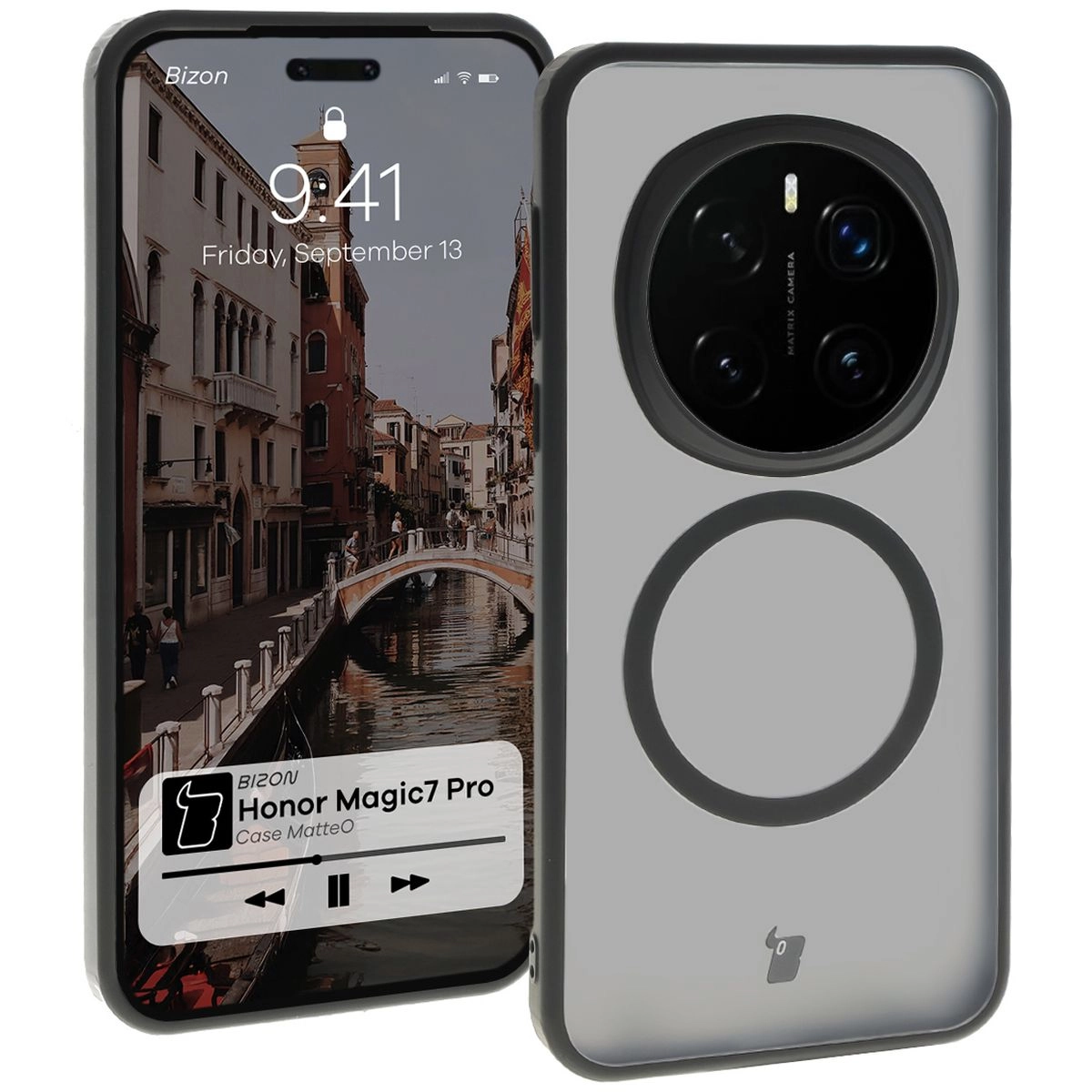 Etui Bizon MatteO z MagSafe do Honor Magic7 Pro Półprzezroczyste z czarną ramką