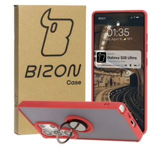 Etui Bizon z uchwytem na palec Hybrid Ring do Galaxy S25 Ultra Przydymione z czerwoną ramką