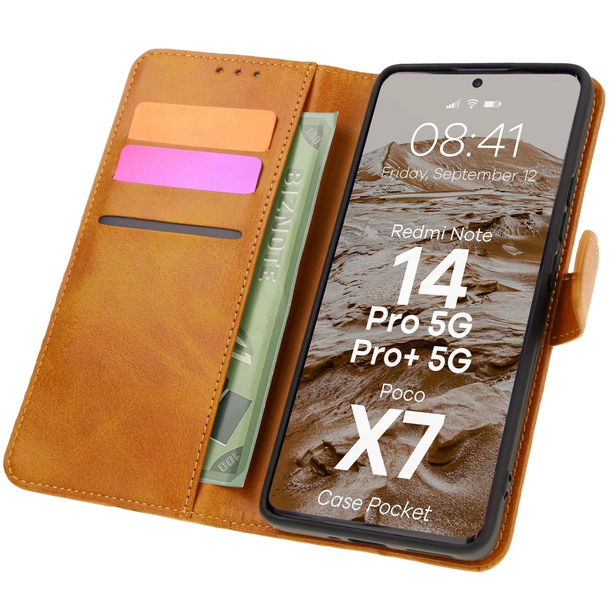 Etui Bizon z klapką Pocket do Xiaomi Redmi Note 14 5G/Poco M7 Pro 5G Brązowy