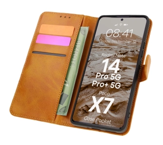 Etui Bizon z klapką Pocket do Xiaomi Redmi Note 14 5G/Poco M7 Pro 5G Brązowy