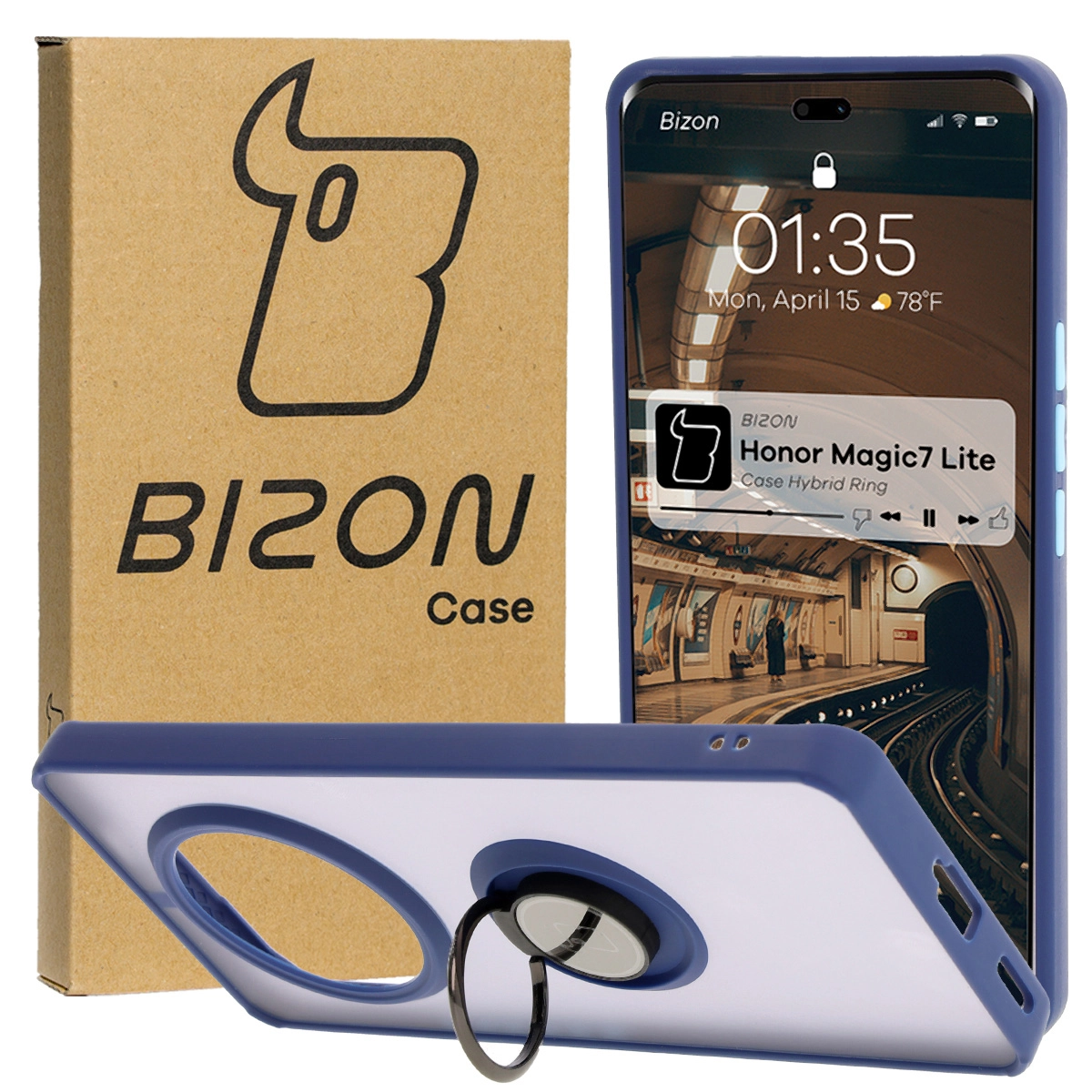 Etui Bizon z uchwytem na palec Hybrid Ring do Honor Magic7 Lite Przydymione z granatową ramką