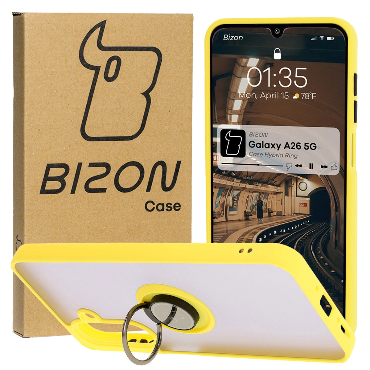 Etui Bizon z uchwytem na palec Hybrid Ring do Galaxy A26 5G Przydymione z żółtą ramką