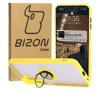 Etui Bizon z uchwytem na palec Hybrid Ring do Galaxy A26 5G Przydymione z żółtą ramką