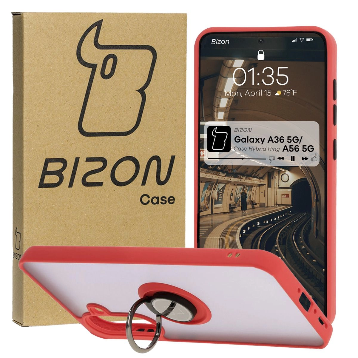 Etui Bizon z uchwytem na palec Hybrid Ring do Galaxy A36 5G / A56 5G Przydymione z czerwoną ramką