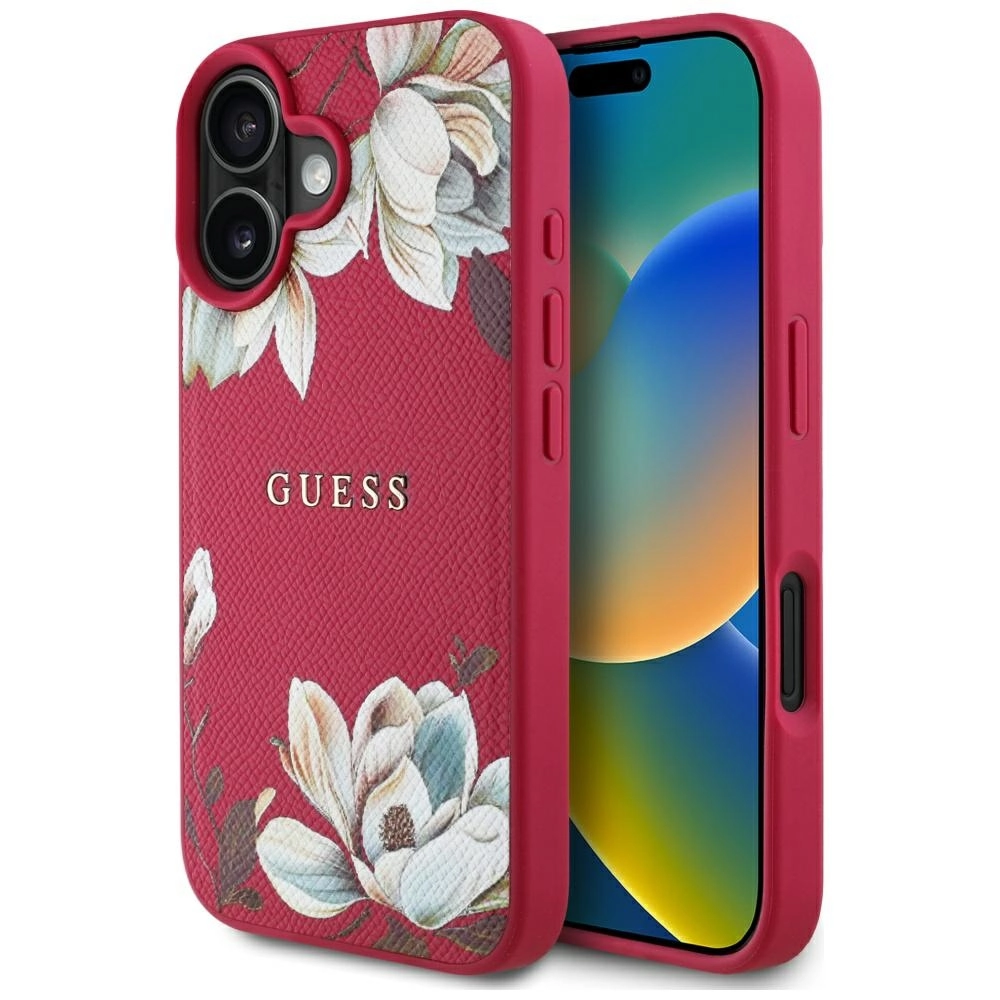 Etui Guess Grained Printed Flower Pattern MagSafe do iPhone 16 Fuksja