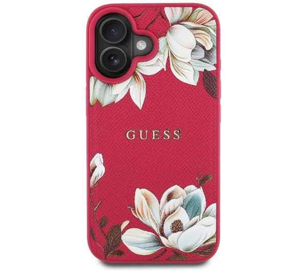 Guess Grained Printed Flower Pattern MagSafe do iPhone 16 Fuksja