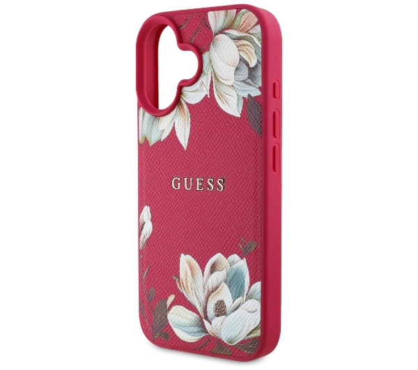 Guess Grained Printed Flower Pattern MagSafe do iPhone 16 Fuksja