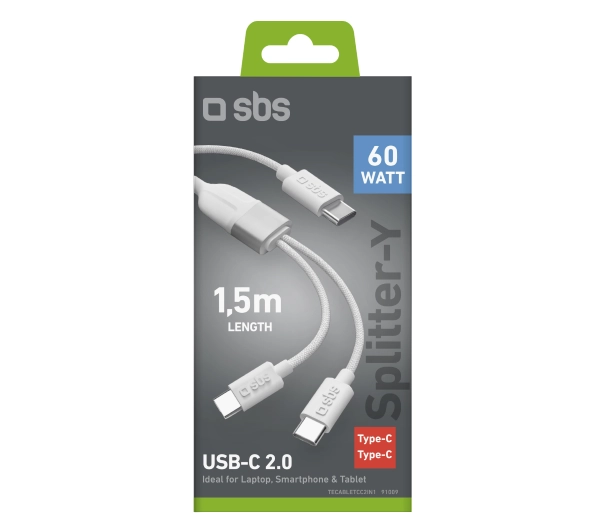 SBS Splitter USB-C do 2xUSB-C 60W+25W 1,5m Biały