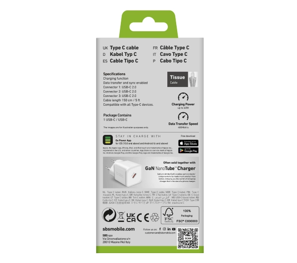 SBS Splitter USB-C do 2xUSB-C 60W+25W 1,5m Biały