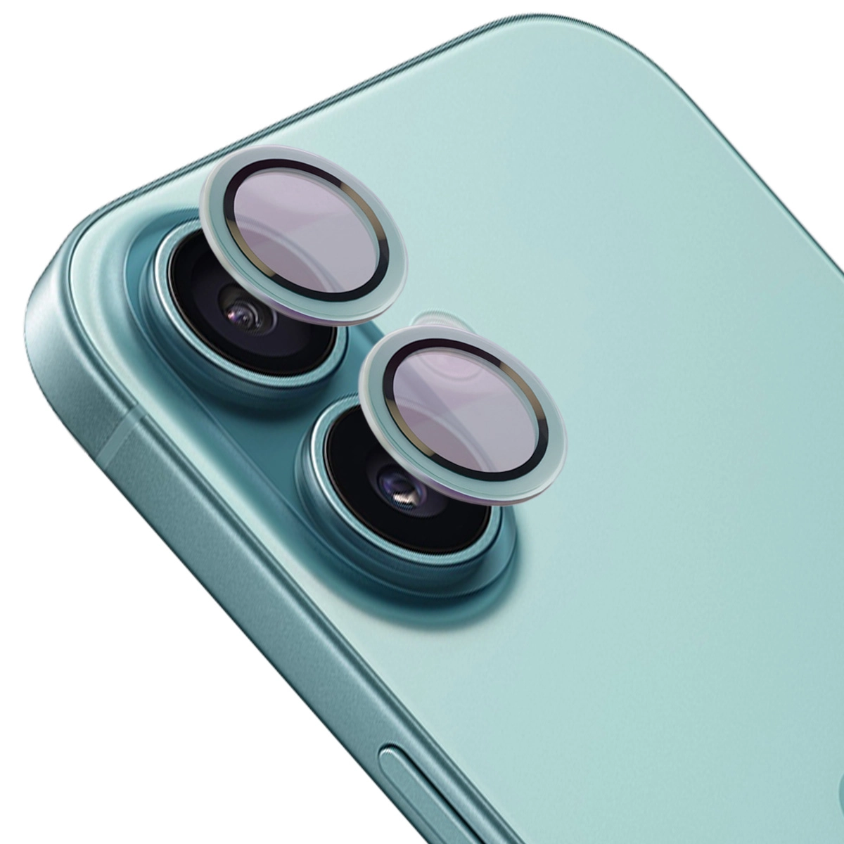 Szkło hartowane Bizon na aparat z aplikatorem Snap Lens do iPhone 16/16 Plus turkusowa ramka