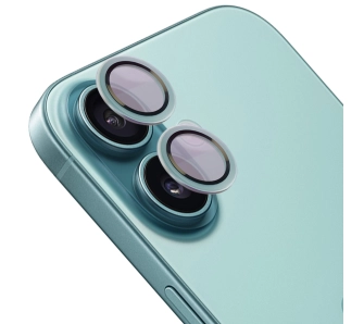 Szkło hartowane Bizon na aparat z aplikatorem Snap Lens do iPhone 16/16 Plus turkusowa ramka