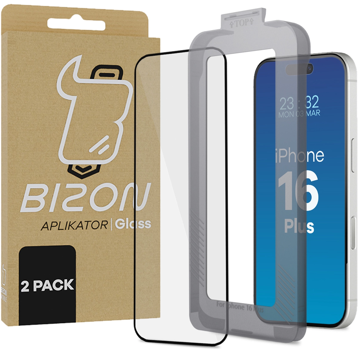Szkło hartowane Bizon z ramką montażową Bizon Glass Aplikator do iPhone 16 Plus 2 sztuki