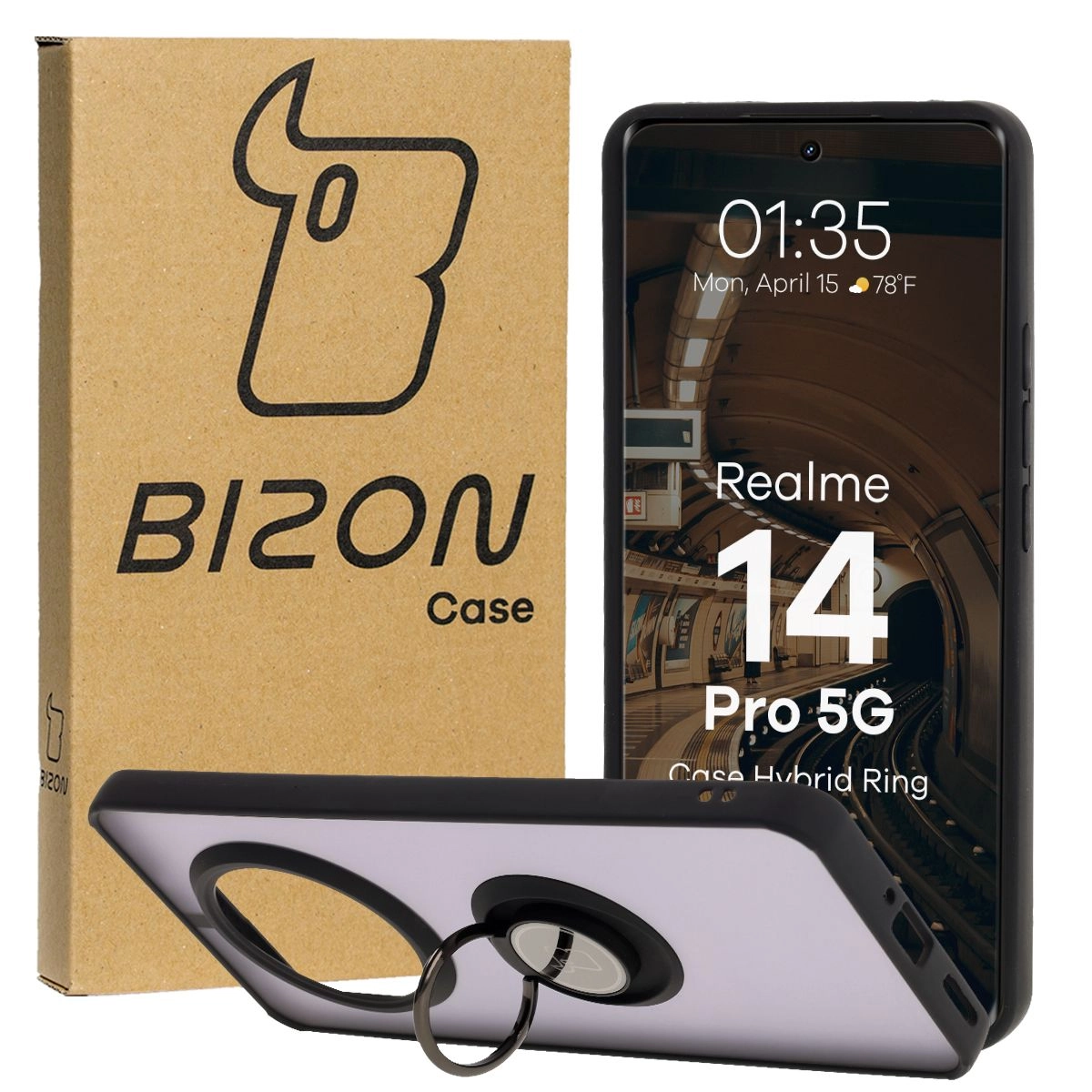 Etui Bizon z uchwytem na palec Hybrid Ring do Realme 14 Pro 5G przydymione z Czarną ramką