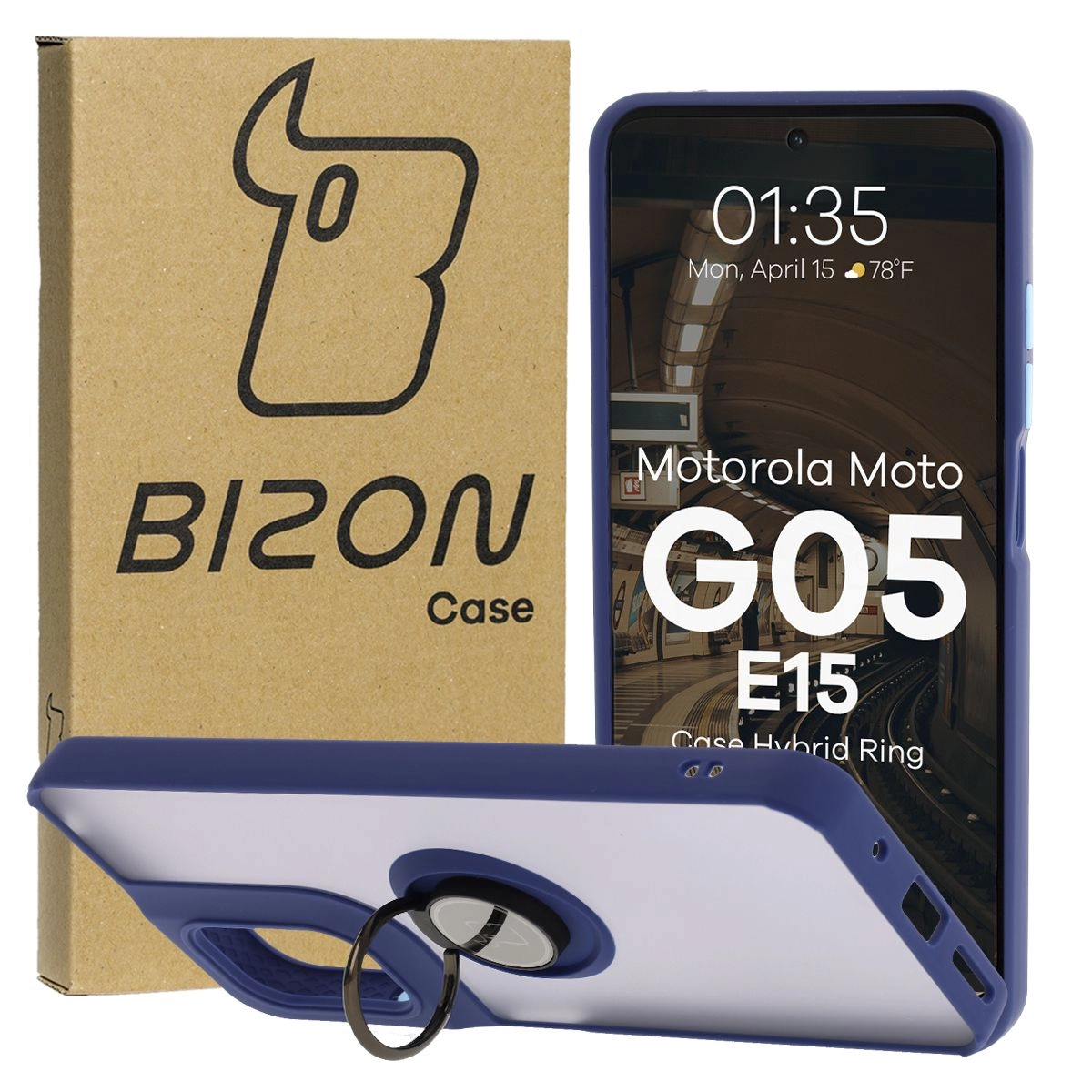 Etui Bizon z uchwytem na palec Hybrid Ring do Motorola Moto G05/E15 przydymione z Granatową ramką