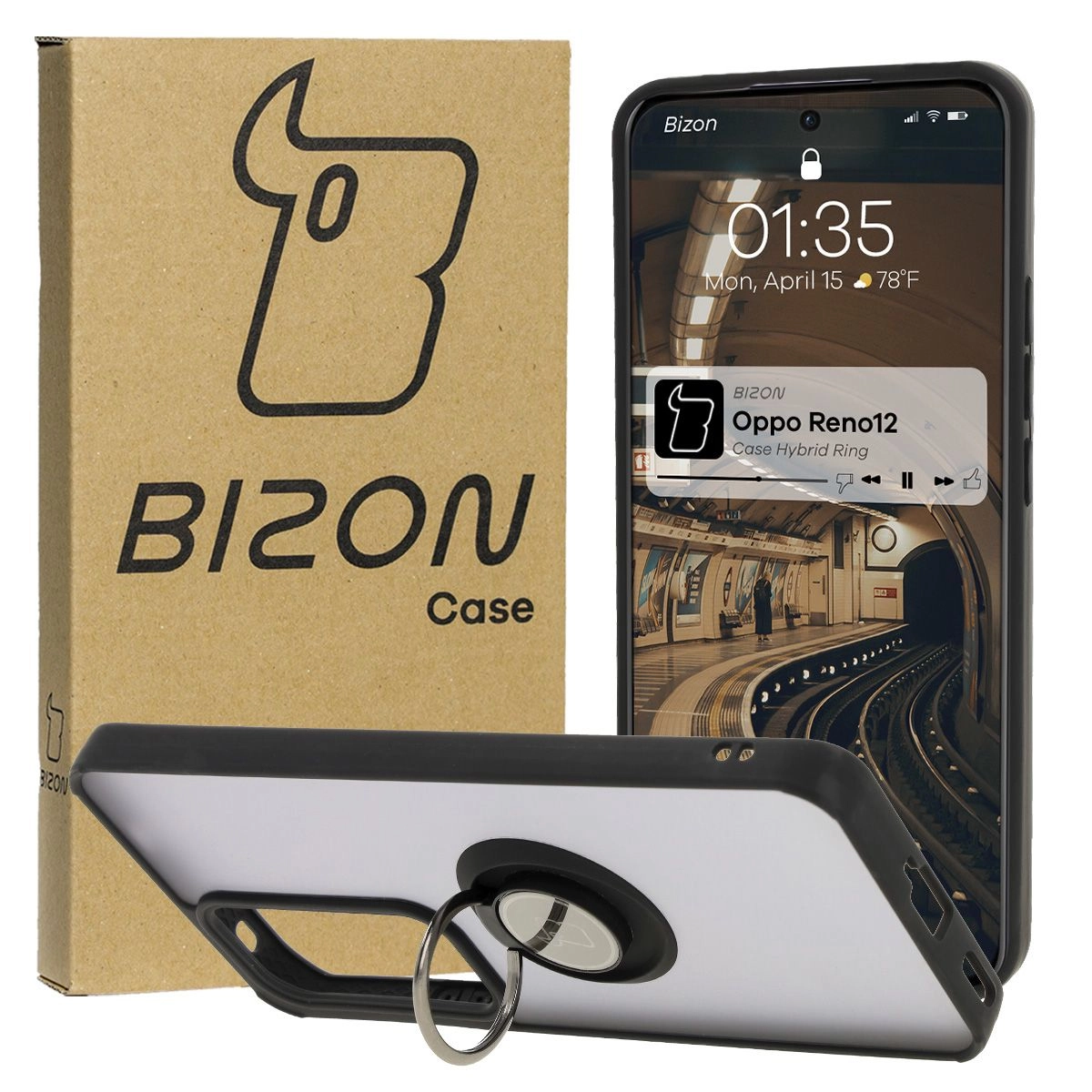 Etui Bizon z uchwytem na palec Hybrid Ring do Oppo Reno 12 przydymione z Czarną ramką