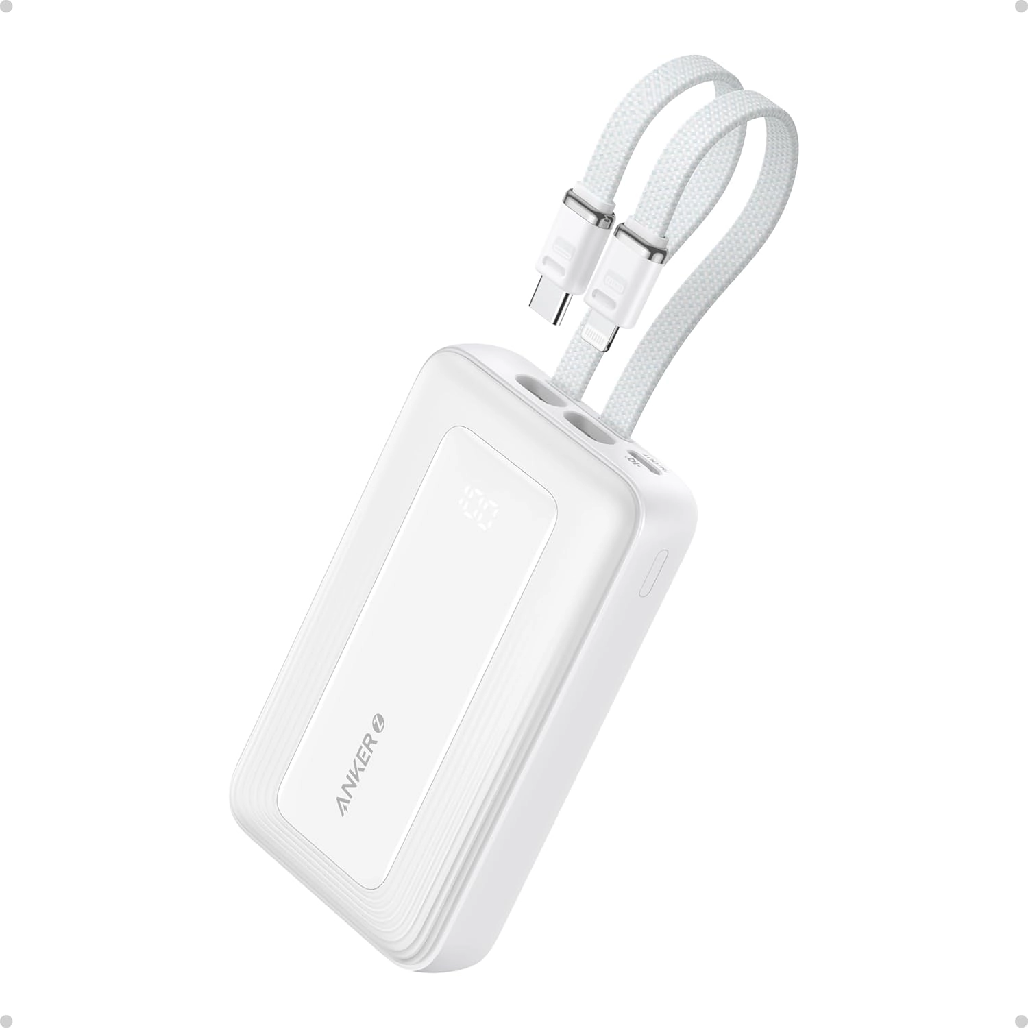 Powerbank Anker Zolo (A1680H21) 10000mAh 30W wbudowany kabel USB-C i Lightning Biały