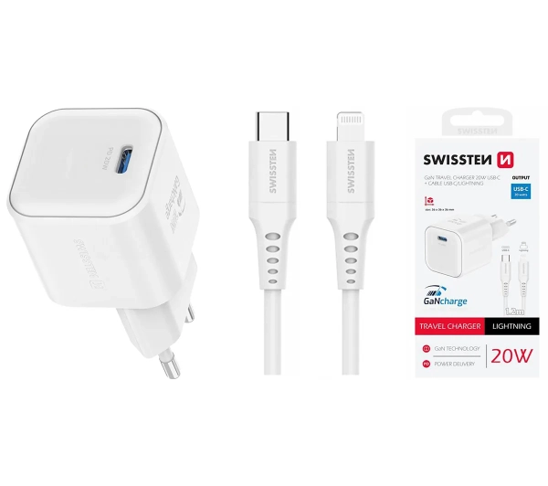 Swissten 22070140 GaN 1x USB-C - Lightning 20W Biały
