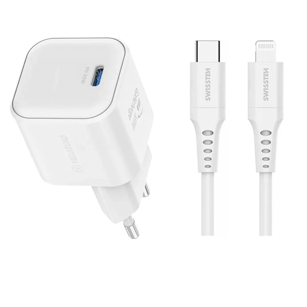 Ładowarka sieciowa Swissten 22070140 GaN 1x USB-C - Lightning 20W Biały